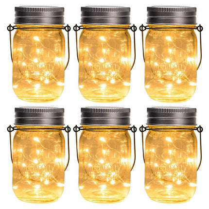 GIGALUMI Hanging Solar Mason Jar Lights, 6 Pack 30 Led String Fairy Lights Hanging Solar Lanterns Outdoor Waterproof, Hangers and Jars Included, Outdoor Decor for Christmas, Wedding, Garden, Patio