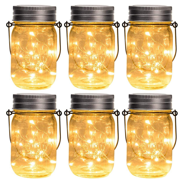GIGALUMI Hanging Solar Mason Jar Lights, 6 Pack 30 Led String Fairy Lights Hanging Solar Lanterns Outdoor Waterproof, Hangers and Jars Included, Outdoor Decor for Christmas, Wedding, Garden, Patio