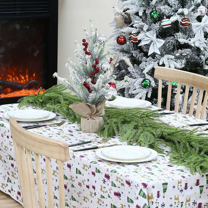 20 Inch Tabletop Christmas Mini Tree, Artificial Snow Flocked Small Christmas Pine Tree with Silver Red Christmas Balls Burlap Base for Home Table Desk Dining Bedroom Christmas Party Decorations