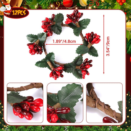 Noverlife 12 Set Christmas Napkin Rings, Artificial Foliage Berry Holiday Napkin Holders, Small Xmas Wreath Napkin Buckle Candle Rings Serviette Holders Banquet Table Decor for Christmas Dinner Party
