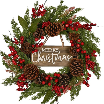 20 Inch Christmas Wreath with Pinecone Berries Christmas Decorations Front Door Wreath for Outdoor Indoor Party Wall Table Home Decor Brown Sign