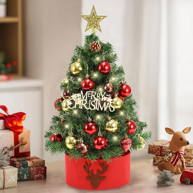 Tabletop Christmas Tree 24 in/60cm Mini Artificial Christmas Tree with LED String Lights,Star Treetop,Ornaments Balls,Pine Cones and DIY Decorations for Holiday décor,Tabletop Small Xmas Tree Green
