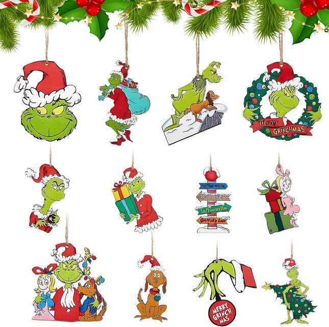24PCS Grinchs Christmas Decorations,Unique Wooden Christmas Hangings Ornaments for Christmas Tree Topper, Xmas Tree Decor for Indoors Home Party Decor