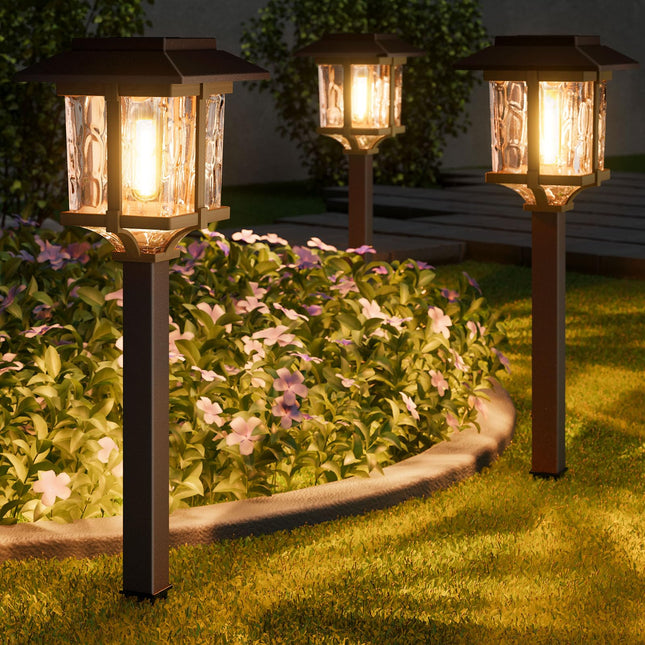 XMCOSY+ Solar Outdoor Lights 15 LM Garden Lights with Metal Glass, 2-Tone Bronze & Wood (Color) Pathway Lights, IP65 Waterproof LED Lighting for Yard Landscape Walkway Driveway (4 Pack, Warm White)