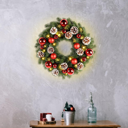 Lulu Home Christmas Front Door Wreath, 15.7" Pre-lit Wreath with Christmas Balls and Pine Cone, Battery Operated 40 LED Light Up Xmas Wreath Decorative Hanging Ornament
