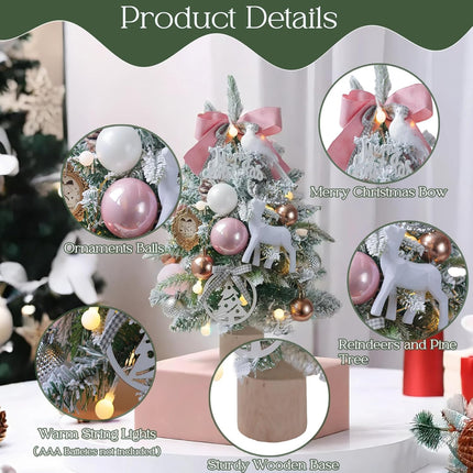 Small Pink Christmas Tree 18Inch Tabletop Mini Christmas Tree Snowy Artificial Xmas Pine Trees with Wooden Base Hanging Ornaments Balls for Holiday Festival Indoor Home DIY Christmas