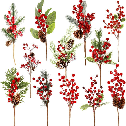 12 Pack Artificial Christmas Tree Picks, 12 Inch Assorted Red Berry Picks and Sprays for Christmas Tree Filler Floral Arrangement DIY Wreath Winter Holiday Season Décor