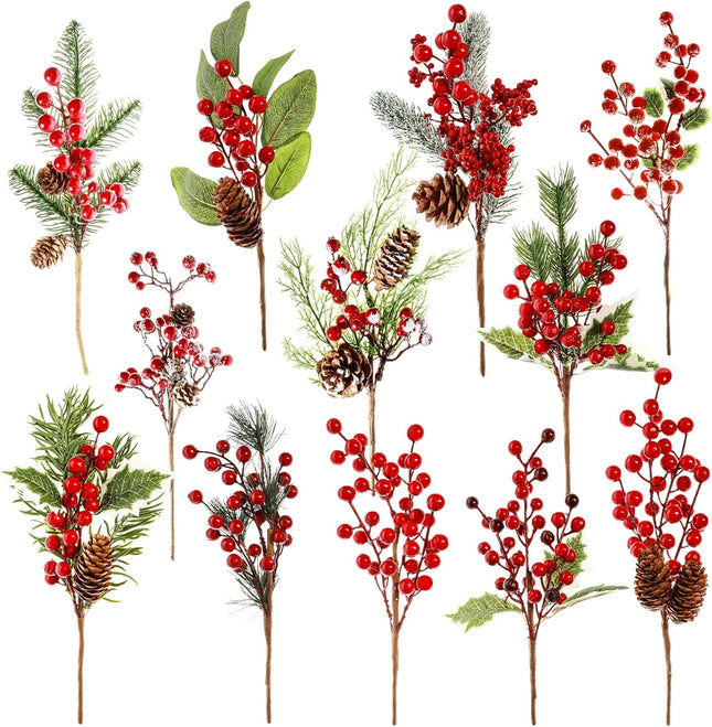 12 Pack Artificial Christmas Tree Picks, 12 Inch Assorted Red Berry Picks and Sprays for Christmas Tree Filler Floral Arrangement DIY Wreath Winter Holiday Season Décor