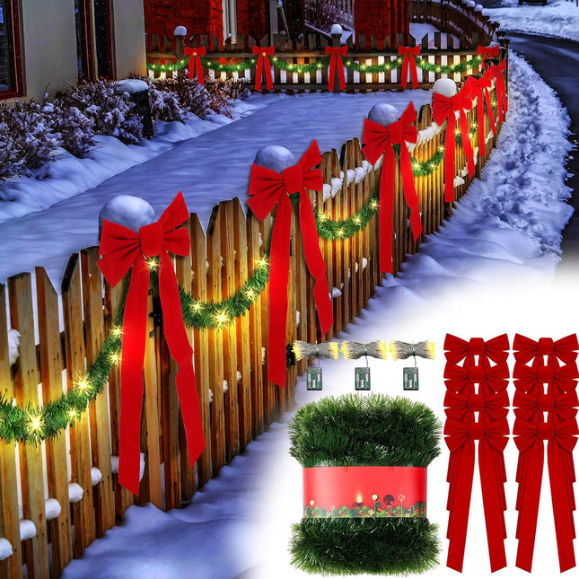 Riceshoot 50 Feet Christmas Garland with Lights and Large Red Bows Christmas Fence Decoration Artificial Xmas Garland with 8 Pcs 28 x 10 Inch Red Velvet Bows for Outdoor Garden Fence Door (Classic)