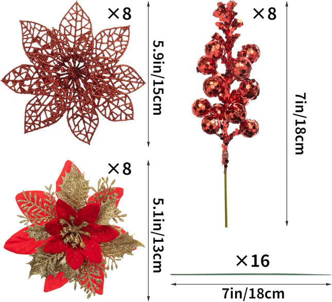 24Pcs Christmas Poinsettia Artificial Flowers and Glitter Berries Kit, 2 Styles Total 16Pcs Christmas Tree Flowers Ornaments, 8Pcs Christmas Tree Picks for Wedding Holiday Decorations, Red Gold