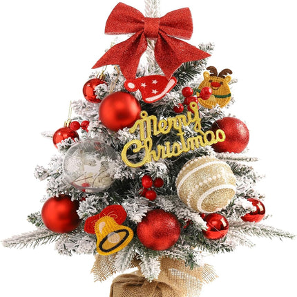 Mini Christmas Tree,22 Inches Artificial Tabletop Christmas Tree with 50 Lights(8 Modes),Snow Flocked Small Christmas Tree with DIY Ornaments Balls Bowknot for Christmas Decor Home Indoor