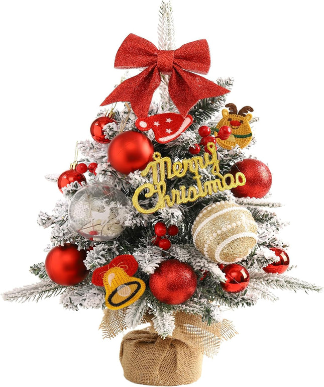 Mini Christmas Tree,22 Inches Artificial Tabletop Christmas Tree with 50 Lights(8 Modes),Snow Flocked Small Christmas Tree with DIY Ornaments Balls Bowknot for Christmas Decor Home Indoor