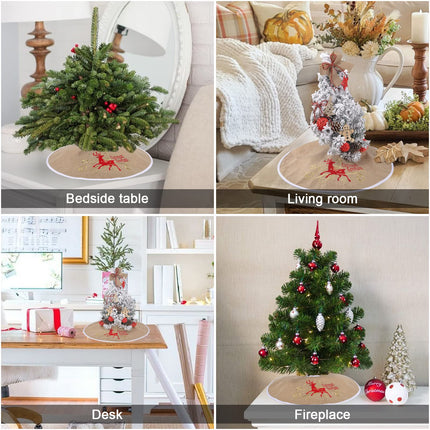 yuboo Mini Christmas Tree Skirt Burlap, 21 inches Small Tree Skirt Mat with Deer Christmas Decor and Snowflakes for Rustic Farmhouse Christmas Decorations