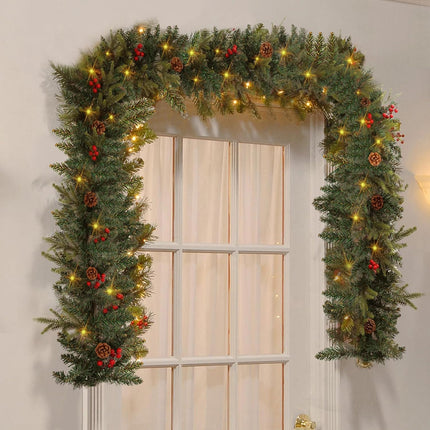 9 FT Christmas Garland with Lights，Battery Operated Lighted Garland with Pine Cones Red Berries Lush Branches，50 Warm White LED Lights，Christmas Decorations Indoor/Outdoor