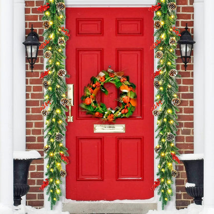 6FT Christmas Garland with Lights, Garland Christmas Decorations Artificial Prelit Christmas Garland with Timer Pine Cones Berries Outdoor Xmas Garland for Mantle Stairs Railing Fireplaces