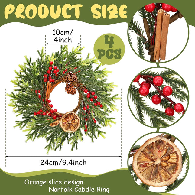 4 Pcs Christmas Candle Rings Mini Christmas Wreaths 9.5 inch Artificial Norfolk Pine Rings with Pine Cones Dried Orange Pieces Wreaths Red Berry Pillar Garland for Christmas Table Centerpieces