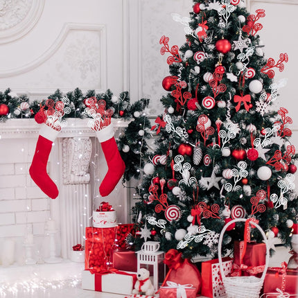 Zeyune 80 Pcs Christmas Candy Shape Curly Sticks Glitter Stem Ornaments Decorative Christmas Tree Picks Artificial Christmas Glittery Twigs for Wedding Holiday Party Home Decorations (Red White)