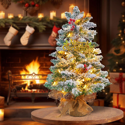 Small Mini Table top Christmas Tree with 50 LED Lights 24 Inch /2FT Little Prelit Christmas Tree Decorated Boxes and Hanging Ornaments for DIY Christmas Decoration (Flocked)