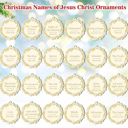 24 Pieces Names of Jesus Christ Ornaments Christmas Decorations Wood Ornaments Cutouts Christian Nativity Ornaments for Christmas Tree(Garland Wreath Flowers)