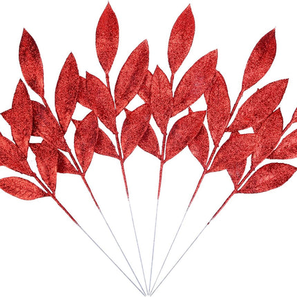 Felice Arts 6 Pack Artificial Red Glitter Leaves 13" Fake Christmas Picks Decorative Glitter Sticks for Vase Christmas Tree DIY Wreath Crafts Fireplace Decor