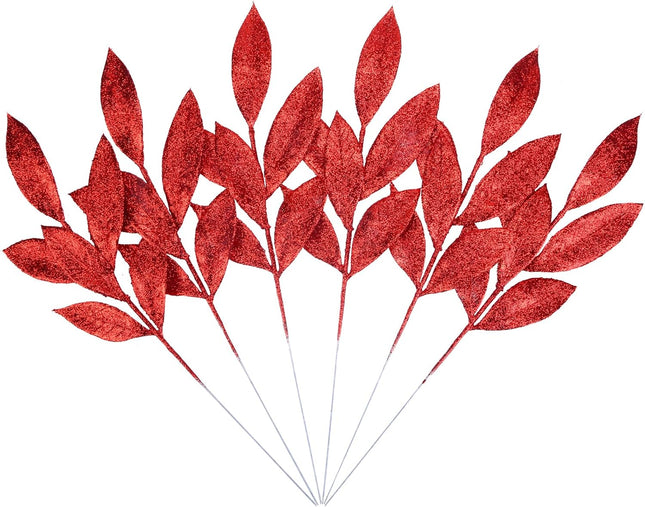Felice Arts 6 Pack Artificial Red Glitter Leaves 13" Fake Christmas Picks Decorative Glitter Sticks for Vase Christmas Tree DIY Wreath Crafts Fireplace Decor