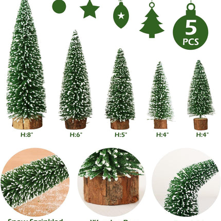 AerWo 5Pcs Mini Christmas Trees Flocked Bottle Brush Christmas Trees with Wooden Bases, Small Christmas Trees for Tabletop Christmas Decor Winter Holiday Table Decorations Christmas Village Crafts