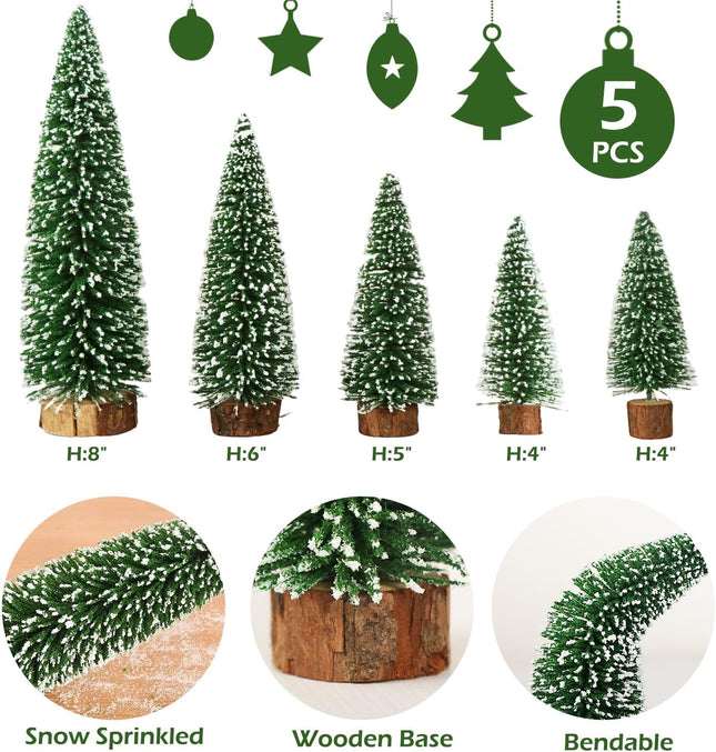 AerWo 5Pcs Mini Christmas Trees Flocked Bottle Brush Christmas Trees with Wooden Bases, Small Christmas Trees for Tabletop Christmas Decor Winter Holiday Table Decorations Christmas Village Crafts