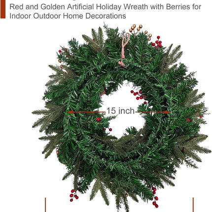 Christmas Lighted Wreath for Front Door, 28 Inches Pre-Lit 35 LED Lights, Red and Golden Artificial Holiday Wreath with Berries for Indoor Outdoor Home Decorations