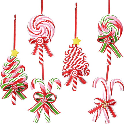 Blulu 6 Pcs Christmas Tree Candy Cane Ornaments Peppermint Lollipop Ornaments Candy Xmas Tree Hanging Decor Polymer Clay Lollipop Pendants Fake Candy Canes Craft for Holiday Wreath Party 4.7 x 2.4 in