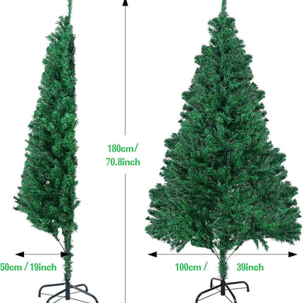 GlyinnHe 6FT Green Half Artificial Christmas Tree，Xmas Fake Half Pine Tree with Foldable Metal Stand Fully Easy Assembly Hinged Artificial Tree for Home Decoration, Party, Office