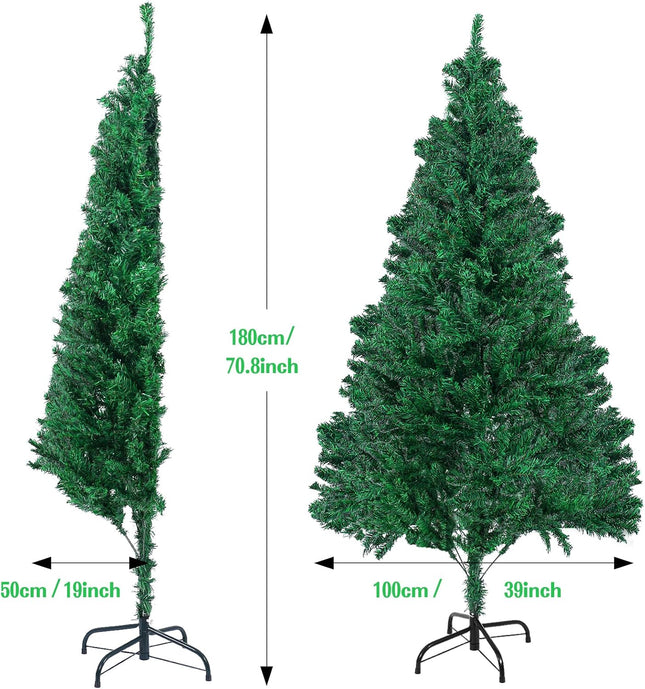 GlyinnHe 6FT Green Half Artificial Christmas Tree，Xmas Fake Half Pine Tree with Foldable Metal Stand Fully Easy Assembly Hinged Artificial Tree for Home Decoration, Party, Office