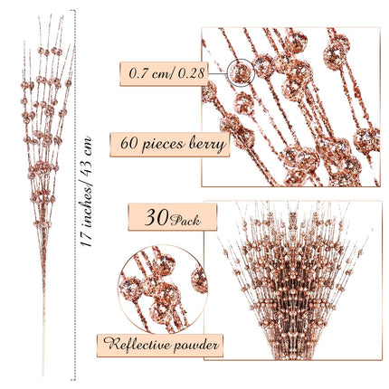 Geosar 30 Pcs Christmas Artificial Glitter Berry Stem Decorations Bead Sticks Pick 17 Inch Xmas Ornaments Glittery Twigs for Christmas Tree Halloween Wreath Vase Filler Home Decor(Rose Gold)