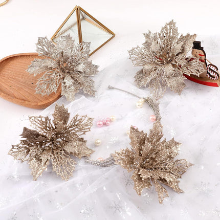 Wironlst 16 Pcs Glitter Poinsettia Flowers Artificial - Christmas Champagne Poinsettia Decorations Tree Flowers Ornaments for Xmas/Holiday/Seasonal/Wedding Decor