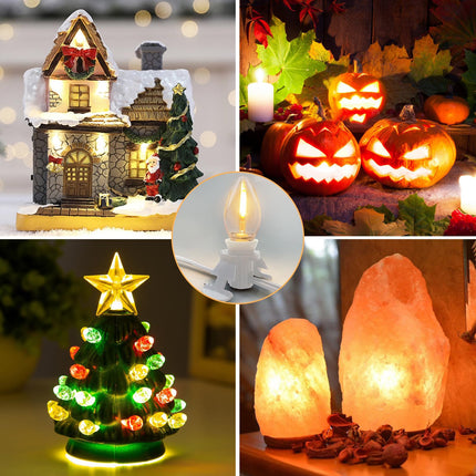 Accessory Cord with 9 LED Light Bulb and Female Plug, 15 Ft Christmas Village Light Cord with Clip, C7 Led Night Lights for Indoor Crafts Halloween Pumpkin Christmas Village House Decor, White Wire