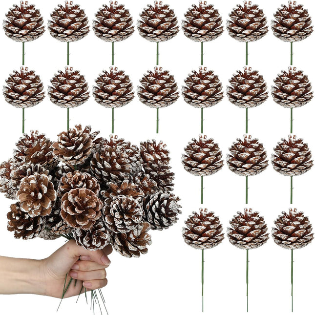60 Pcs Pine Cones for Christmas Tree 1.38 x 5.1 Inch Christmas Pine Cones Picks Frosted Pinecones Ornaments with Wired Pick for Holiday Wreath Garland Party Decor