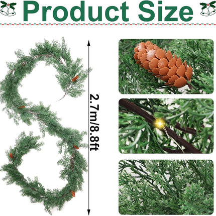 8.8FT Pre-lit Artificial Christmas Garland with Pine Cones, Real Touch Cedar Garland Artificial Pine Cypress Vines,Greenery Garland for Xmas Table Mantle Room Indoor Background Wall Decoration
