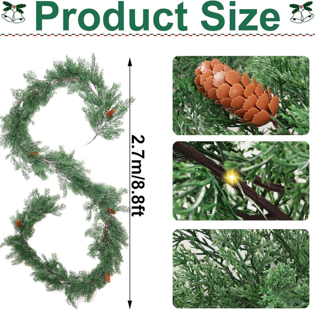 8.8FT Pre-lit Artificial Christmas Garland with Pine Cones, Real Touch Cedar Garland Artificial Pine Cypress Vines,Greenery Garland for Xmas Table Mantle Room Indoor Background Wall Decoration