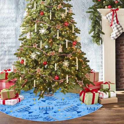 Serencatcher Blue Christmas Tree Skirt, Happy Hanukkah Tree Skirt with Candlestick Cross Star Happy Hanukkah for Merry Christmas Tree Decorations Xmas Happy Halloween Year Holiday Party(48 Inches)