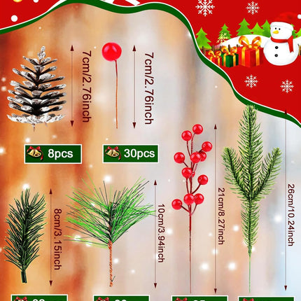 150PCS Artificial Pine Cones Branch Set, Kalolary Assorted Artificial Pine Needles Branches Snowy Christmas Tree Floral Twig Picks Christmas Red Holly Berry Stems for Xmas Winter Party DIY Craft Decor