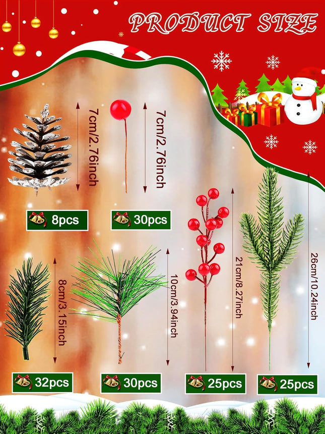 150PCS Artificial Pine Cones Branch Set, Kalolary Assorted Artificial Pine Needles Branches Snowy Christmas Tree Floral Twig Picks Christmas Red Holly Berry Stems for Xmas Winter Party DIY Craft Decor