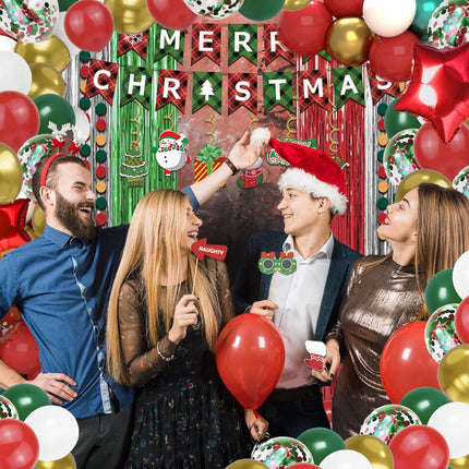 131 Pcs Christmas Decorations Indoor, Christmas Party Supplies - "MERRY CHRISTMAS" Banner, Photo Prop, Balloon Party Kit, Hanging Swirl, Fringe Curtain