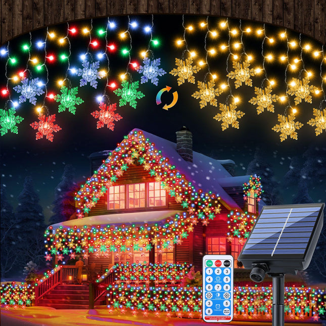 Retisee Christmas Snowflake Icicle Lights 418 LEDs 49 ft Outdoor 8 Modes Color Changing Solar Clear Dripping Lights Connectable String Curtain Lights for Window Decorations, Warm White to Multicolor