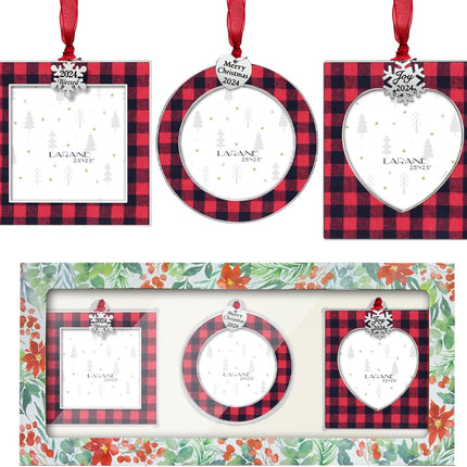 Laraine Christmas Tree Ornaments 3 Pieces – Decorative Hanging Plaid Pendant with 2.5” Picture Frame Insert for Baby and Pet Holiday Keepsake (Plaid-Red&Black ())