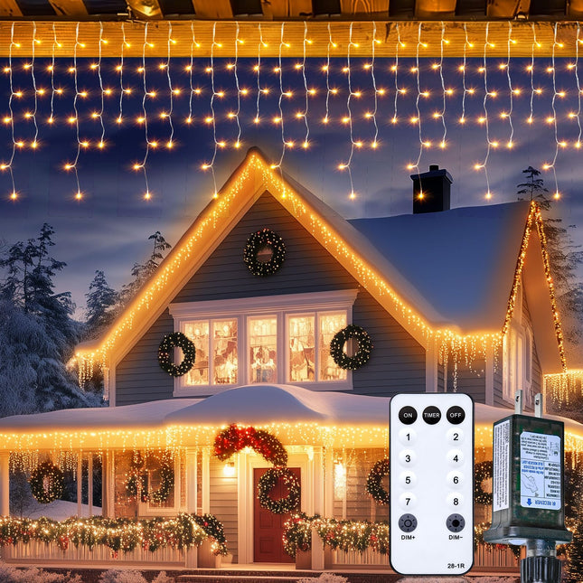 Minetom Icicle Lights for Outside, 66Ft 736 LED Warm White Christmas Lights with 138 Drops, Icicle Christmas Lights Outdoor with Remote and Timer, Christmas Lights for House Roof, Warm White