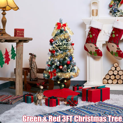 3 Ft Christmas Artificial Tree Decorations - Christmas 36 Inch Mini Table Top Tree, Xmas Desk Small Tree with 50 LED Warm Lights, Hanging Ornaments for Home Decor Indoor Office Holiday Tabletop Party