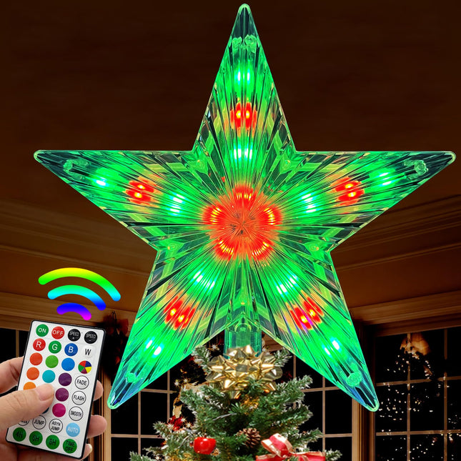 8.6" Christmas Tree Topper Star, RGB LED Lighted Star Tree Top w/Remote Control, 25 Light Modes, Speed, Timer, USB Plug in, Wire 16.4Ft Treetop for Xmas Holiday Party Decorations