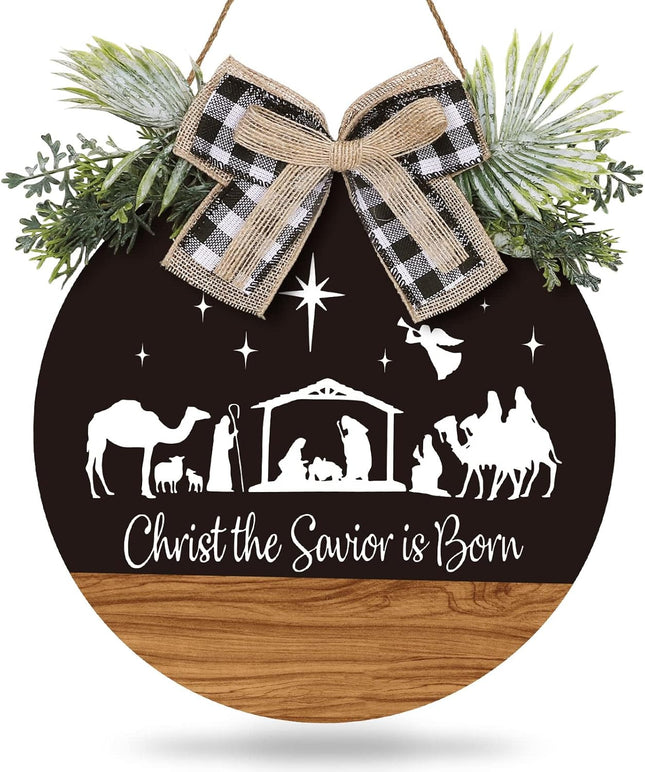 Whaline Christmas Wooden Hanging Sign Rustic Holy Night Front Door Sign Nativity Christ the Savior is Born Door Hanger with Bow for Home Indoor Outdoor Farmhouse Wall Window Decor