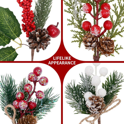 Artificial Christmas Picks for Floral Arrangement, 10 Pack Wreath & Holiday Decor - Red Berry, Pinecone, Frosted Cedar & Holly Leaves Winter Greenery