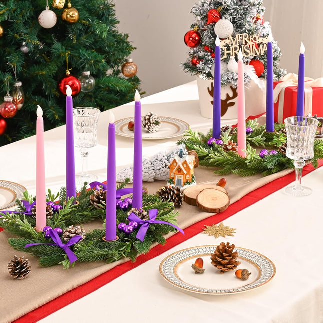 Dolicer 13.5 Inch Christmas Advent Wreath Candle Holder, Cone Purple Bow Christmas Wreath Advent 4 Candle Holders for Xmas Centerpiece Decor Winter Holidays Home Decor