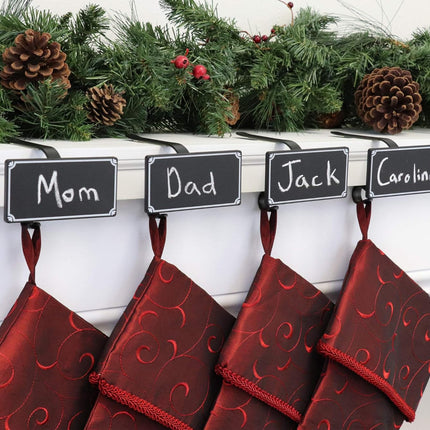 Haute Decor The Original MantleClip® Stocking Holder with Chalkboard Icons 4-Pack (Black) - Personalize Your Christmas Stocking Hangers with Names